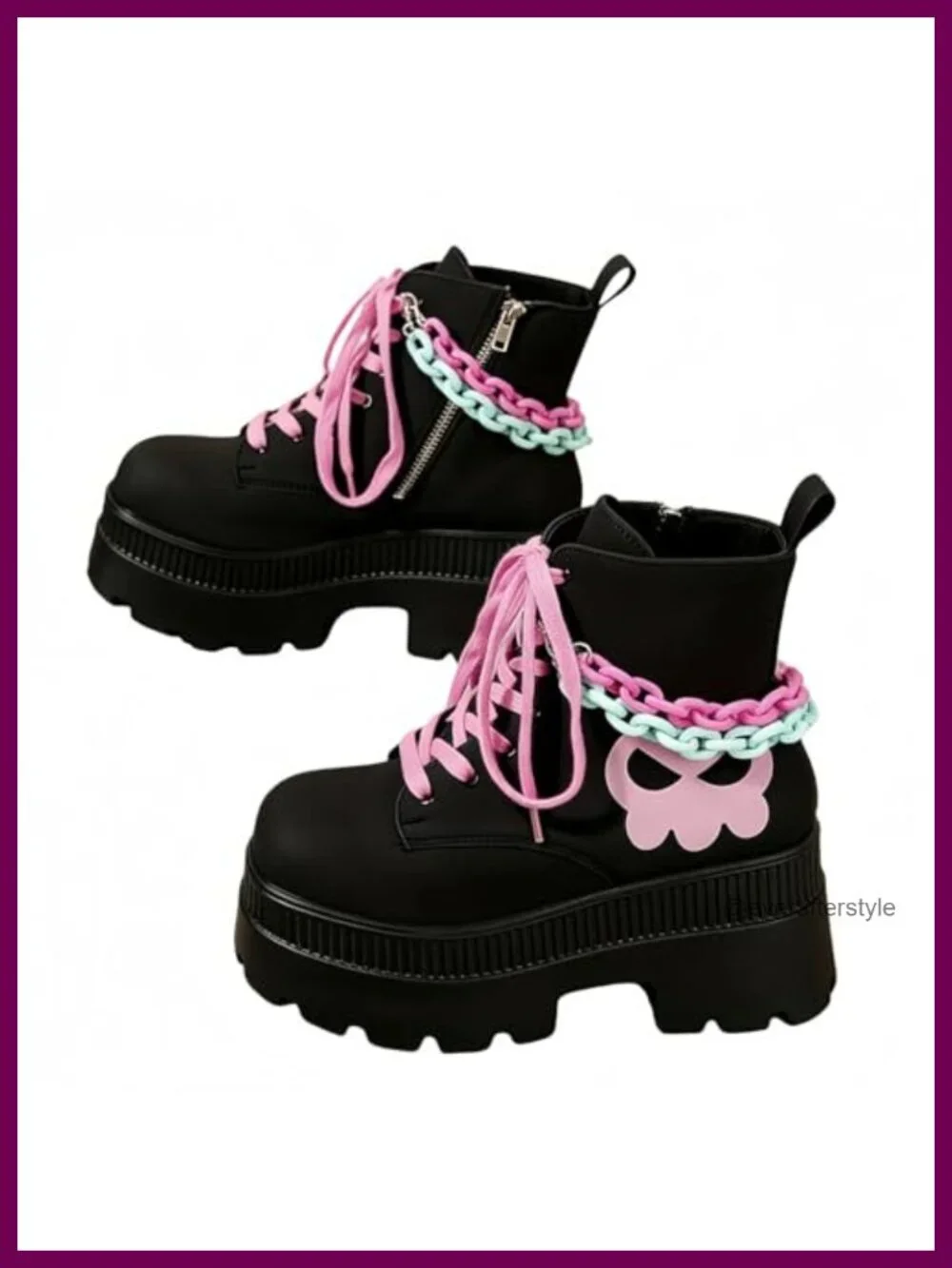 Women's Goth Platform Ankle Boots Bat Wing Buckle Chunky Heels PU Leather Round